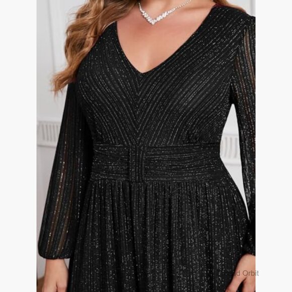 Plus Size Sparkly Lace Formal Maxi Dress V Neck Cocktail Evening Gown - Picture 6 of 7